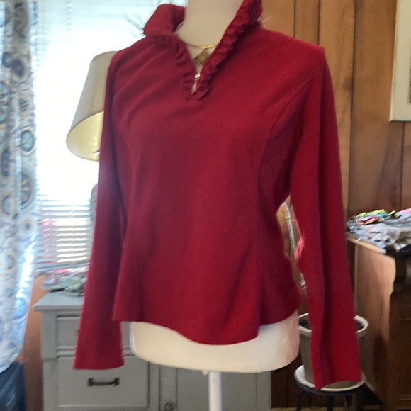 Long sleeve red fleece 1/4 zip ruffled front top - Picture 2 of 7